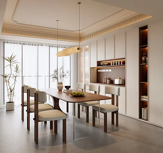 French Middle Style Restaurant French Restaurant Solid Wood Dining Table and Chair Combination Sideboard Chandelier Plant Potted Dining Table Ornaments Wine Cabinet Acrylic Dining Table 3d model
