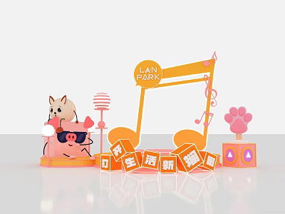 Lann Park Photo Check In Spot With Cartoon Cat Music Notes Orange Pink Blocks 3d model