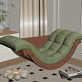 Green Velvet Lounge Chair With Wooden Frame Near Window Sill With Plants And Carpet