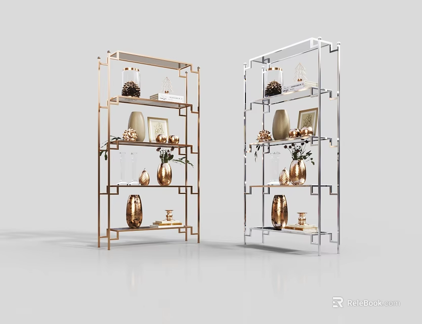 Modern Golden and Silver Shelving Units Displaying Decorative Vases Photo Frames and Small Ornaments 3d model 