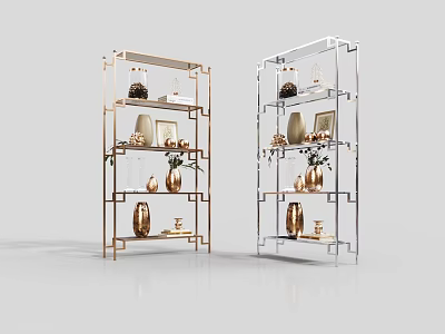 Modern Golden and Silver Shelving Units Displaying Decorative Vases Photo Frames and Small Ornaments 3d model