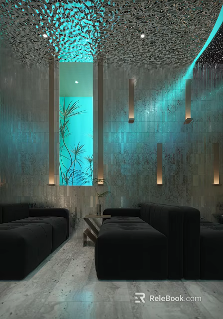 Modern Hotel Public Lounge Area With Black Sofas Decorative Lighting And Green Plants 3d model 