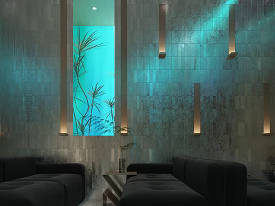 Modern Hotel Public Lounge Area With Black Sofas Decorative Lighting And Green Plants 3d model
