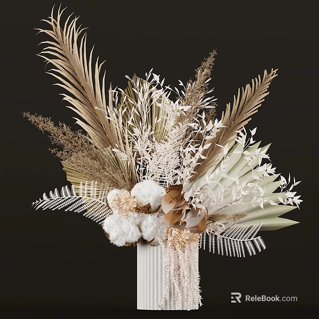 Natural Dried Flower Arrangement With Vase Palm Leaves Cotton And Wheat Stems Against Dark Background 3d model 