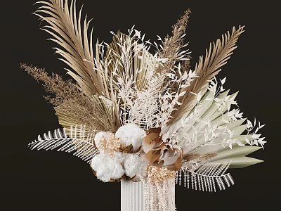 Natural Dried Flower Arrangement With Vase Palm Leaves Cotton And Wheat Stems Against Dark Background 3d model
