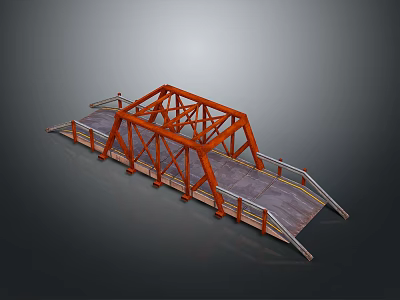 3D Model of Truss Bridge With Orange Steel Frame Gray Deck and Side Railings 3d model