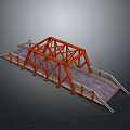 3D Model of Truss Bridge With Orange Steel Frame Gray Deck and Side Railings