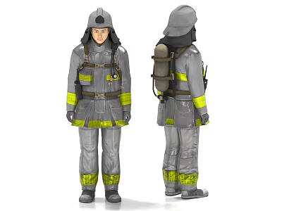 Man In Gray Firefighting Uniform With Helmet And Backpack Featuring Yellow Stripes 3d model