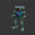 3D Robot Character Design with Blue Purple Accents Red Glowing Eyes and Metallic Limbs