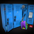Blue Lockers With Open Doors Mirror Plates Backpack Red Card And White Paper