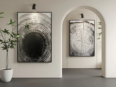 Contemporary Interior Featuring Tree Ring Artworks White Walls Arched Doorway And Green Plant 3d model