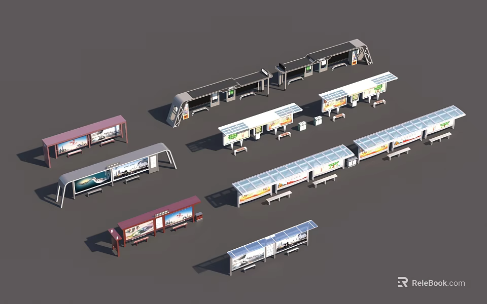 Various Modern Bus Shelter Designs With Roofs Seats And Advertising Panels 3d model 
