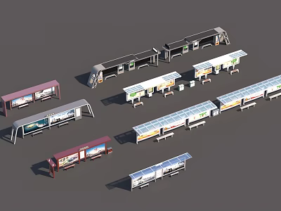 Various Modern Bus Shelter Designs With Roofs Seats And Advertising Panels 3d model