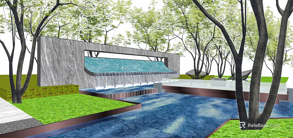 Natural Stone Feature Wall Landscape Design With Waterfall Pool And Lush Greenery 3d model 