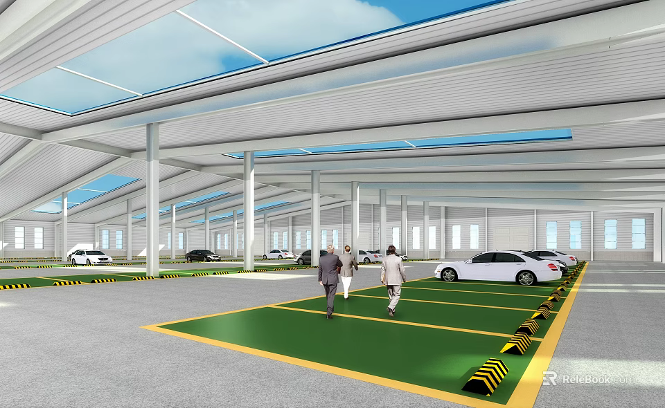Modern Parking Lot With Metal Roof Glass Skylights White Cars Parked Ground Markings And People Walking 3d model 