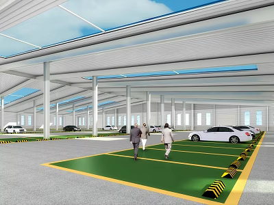 Modern Parking Lot With Metal Roof Glass Skylights White Cars Parked Ground Markings And People Walking 3d model