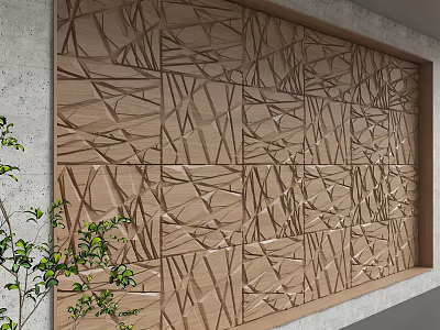 Modern Geometric Textured Wall Design With Artistic Wooden Patterns And Green Plants 3d model