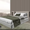 Double Bed with White Sheets Green Striped Blanket Pillows Side Tables Lamps City View Window