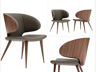 Stylish Modern Dining Chairs with Curved Walnut Backrest and Leather Seat and Slim Wooden Legs 3d model