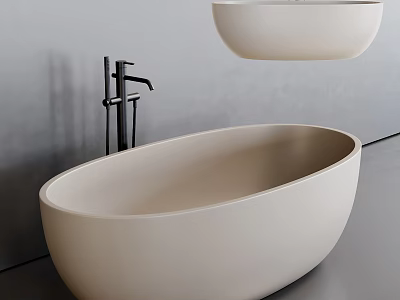 Modern Oval Shaped Cream Colored Bathtub In Bathroom Interior With Black Faucet 3d model