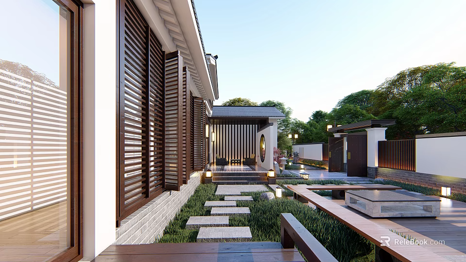 Modern Detached Villa Exterior With Wooden Louvered Shutters Stone Step Path And Greenery Courtyard 3d model 