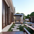 Modern Detached Villa Exterior With Wooden Louvered Shutters Stone Step Path And Greenery Courtyard