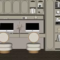 Study Room Interior With Light-Colored Cabinets Double Monitors Round Back Chairs And Herringbone Flooring 3d model