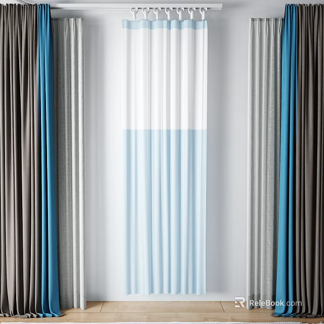 Colorful Layered Curtains With Blue Gray Brown And Sheer Drapes For Home Interior 3d model 