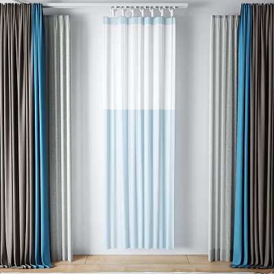 Colorful Layered Curtains With Blue Gray Brown And Sheer Drapes For Home Interior 3d model
