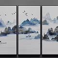 Chinese Ink Wash Landscape Painting with Misty Mountains Flying Birds and Clouds