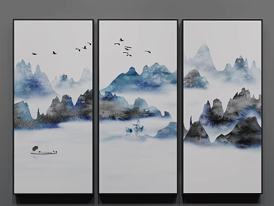 Chinese Ink Wash Landscape Painting with Misty Mountains Flying Birds and Clouds 3d model