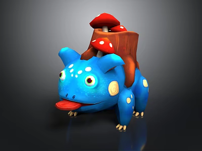 Cute Blue Creature With Red Mushrooms And Wooden Back Structure Tongue Out 3d model