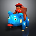Cute Blue Creature With Red Mushrooms And Wooden Back Structure Tongue Out