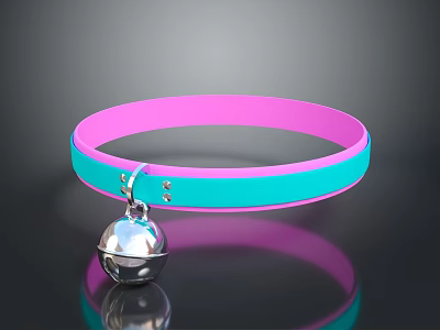 Cute Pet Collar With Pink And Teal Design And Silver Bell Accessory 3d model