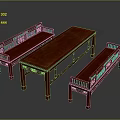 Traditional Chinese Mahogany Table and Bench Set with Intricate Carved Patterns and Classic Wooden Structure