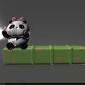 Cute Panda Doll With Pink Bow Sitting On Green Polka Dot Block