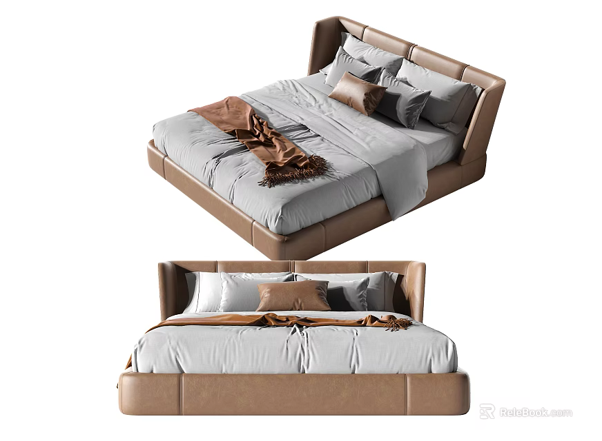 Modern Double Bed Design With Brown Upholstered Headboard Gray Bedding Pillows And Throw Blanket 3d model
