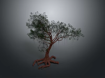 Tree With Lush Green Leaves And Exposed Roots Against Gray Background 3d model