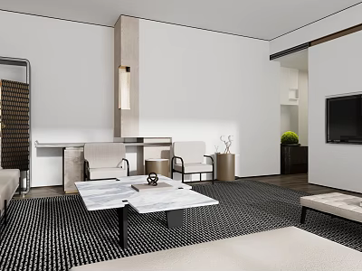 Modern Minimalist Living Room With Marble Coffee Table And Cozy Neutral Tone Lounge Furniture 3d model