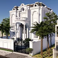Twin Villa with White Exterior European Style Arched Doorway Wrought Iron Gates and Palm Trees
