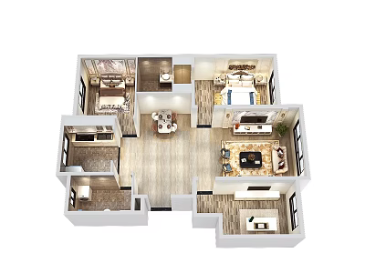 Birds Eye View Floor Plan For Residential Interior Layout With Bedrooms Living Room And Kitchen 3d model