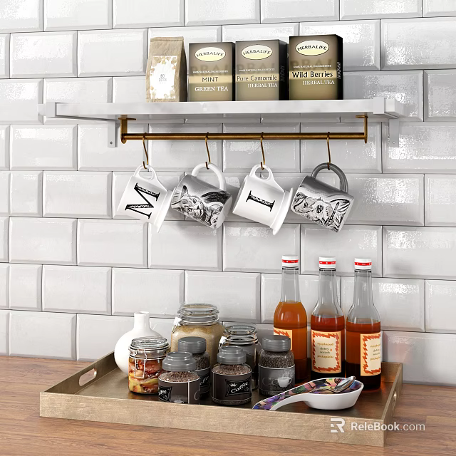 Elegant Kitchenware Display In Kitchen Interior With Hanging Mugs Spice Jars And Bottles 3d model 