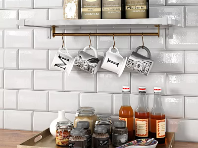 Elegant Kitchenware Display In Kitchen Interior With Hanging Mugs Spice Jars And Bottles 3d model