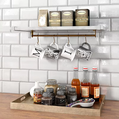 Elegant Kitchenware Display In Kitchen Interior With Hanging Mugs Spice Jars And Bottles 3d model