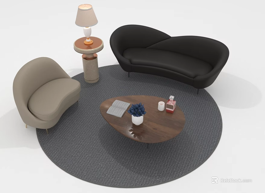 Modern Black Sofa And Round Coffee Table Set With Beige Armchair Gray Rug And Table Lamp 3d model 