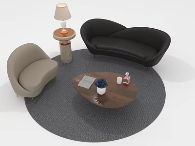 Modern Black Sofa And Round Coffee Table Set With Beige Armchair Gray Rug And Table Lamp 3d model