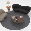 Modern Black Sofa And Round Coffee Table Set With Beige Armchair Gray Rug And Table Lamp