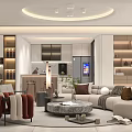 Modern Living and Dining Room Interior With Round Sofa Coffee Table Green Plants And Ceiling Lights