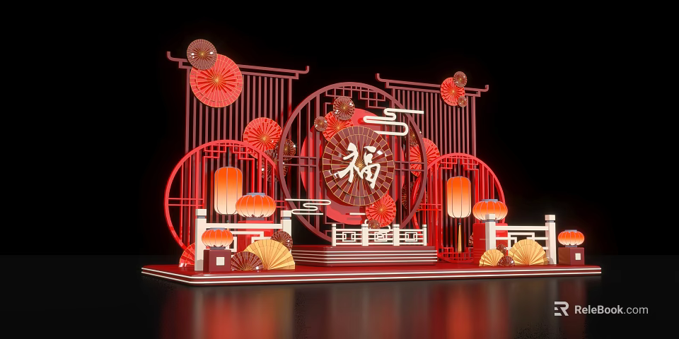 Traditional Chinese Decorative Setup With Red Lanterns Fu Character And Fan Ornaments 3d model 