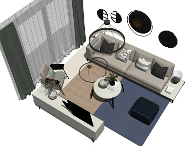 Modern Living Room Sofa And Coffee Table Set With Hanging Lamp Rug And Curtains 3d model